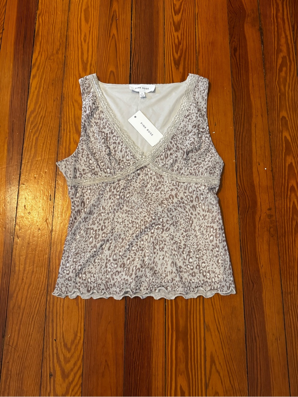 NWT Pink Rose Leopard Print Lace Trim V-Neck Chemise Tank - Taupe